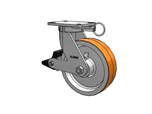 410 Series Top Plate Swivel Caster with 10 x 3 Red-Orange Tread on Cast Iron Core PY - Polyurethane 80A (Cast Iron Core) Wheel and Poly Lock Integrated Brake